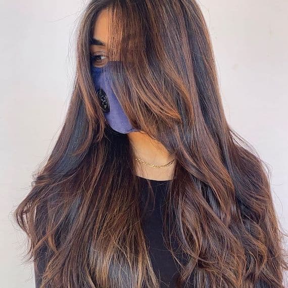 Long Dark Brown With Highlights and Curtain Bangs, Middle Long Dark Brown With Highlights and Curtain Bangs, Middle — Dark Brown Hair