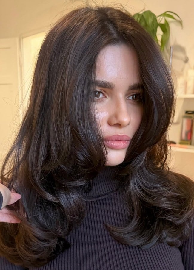 Dark Chocolate Brown With Butterfly Layers and Curtain Bangs Dark Chocolate Brown With Butterfly Layers and Curtain Bangs — Dark Brown Hair
