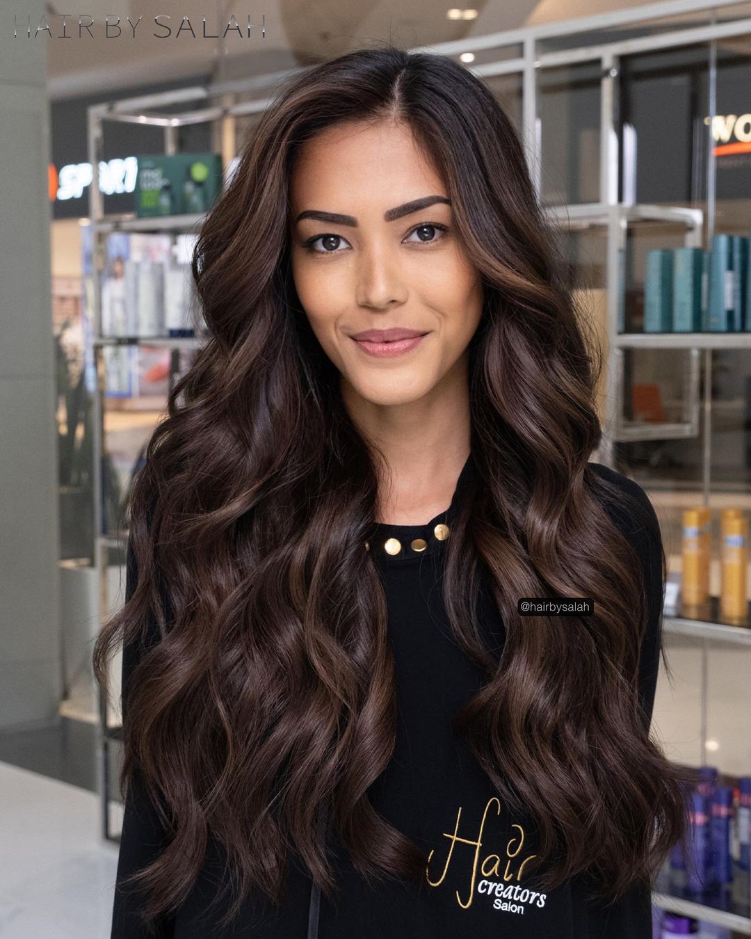 Dark Brown With Caramel Highlights and Curtain Bangs, Blowout Dark Brown With Caramel Highlights and Curtain Bangs, Blowout — Dark Brown Hair