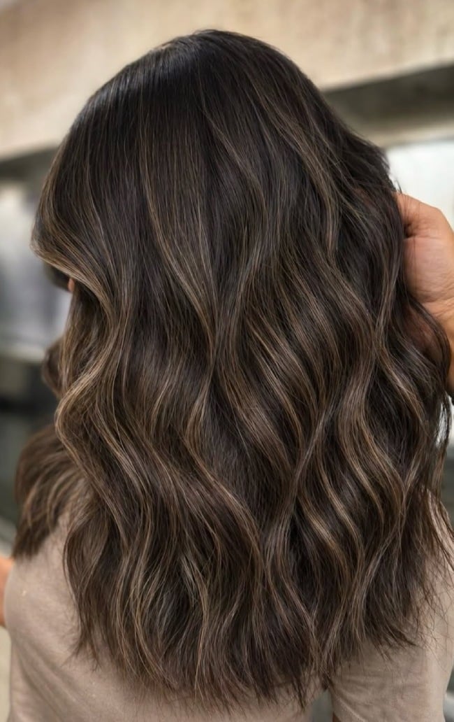 Collarbone Dark Mushroom Brown With Beige Highlights Collarbone Dark Mushroom Brown With Beige Highlights — Dark Brown Hair