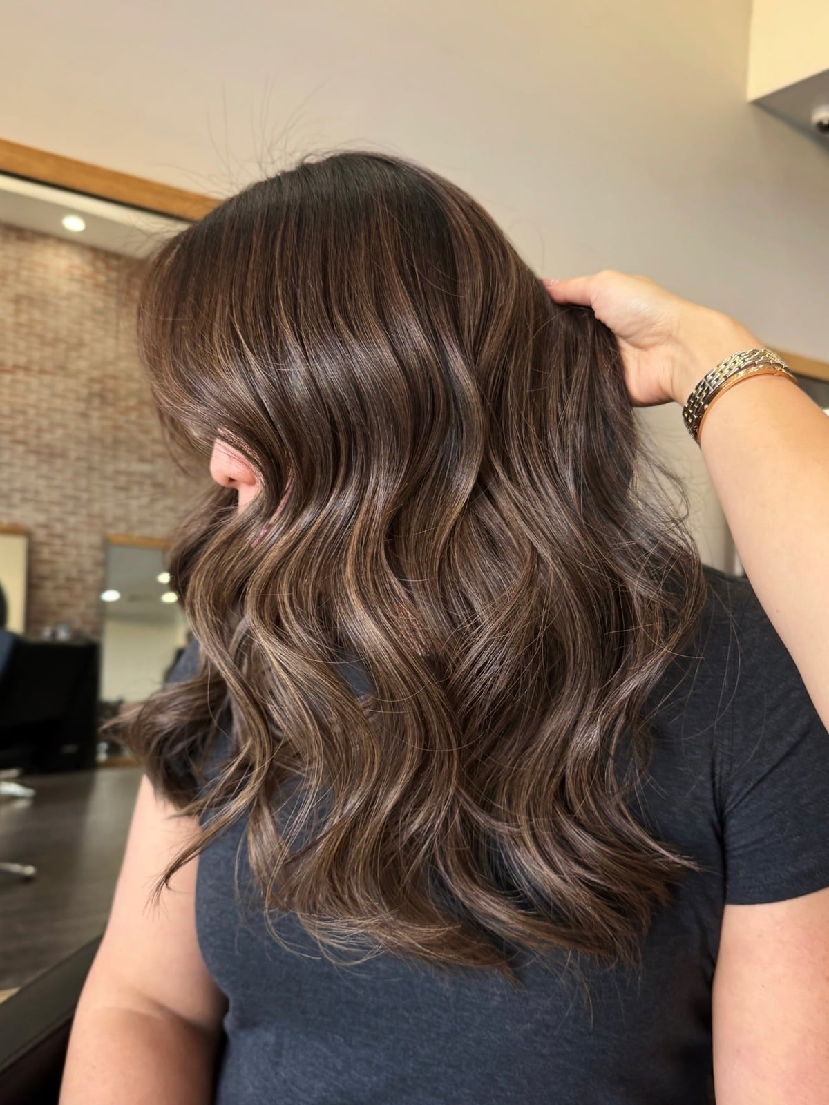 Dark Brown With Subtle Highlights Side View, Mid-Back Dark Brown With Subtle Highlights Side View, Mid-Back — Dark Brown Hair