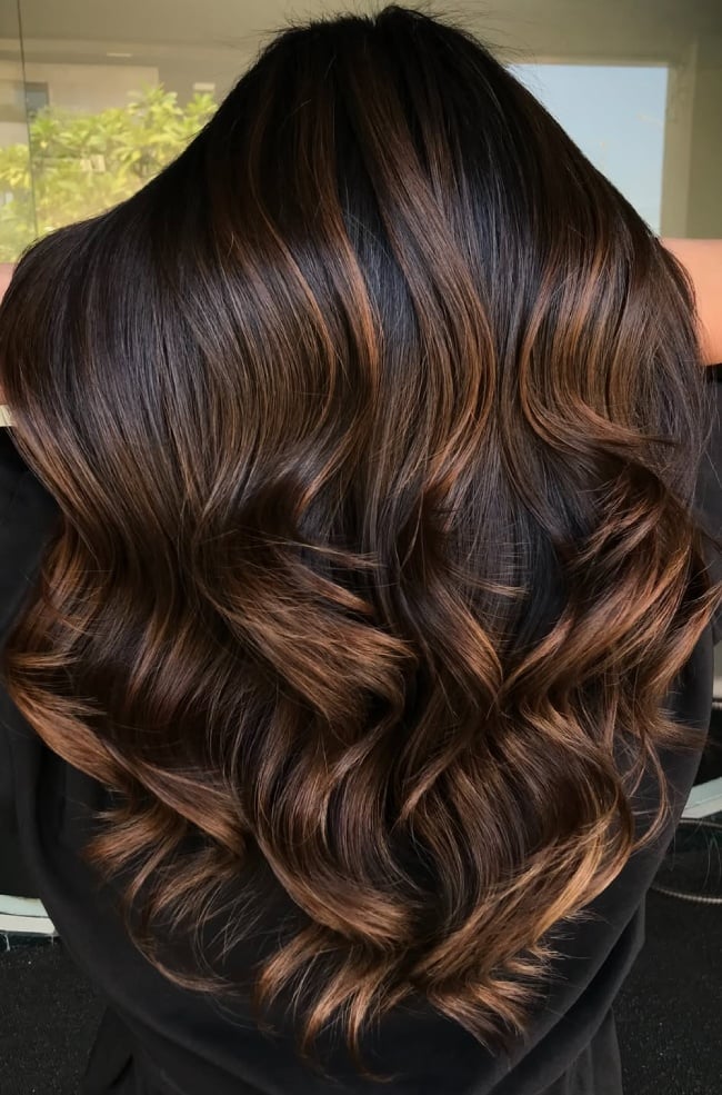 Dark Chocolate Brown With Caramel Ribbons Dark Chocolate Brown With Caramel Ribbons — Dark Brown Hair
