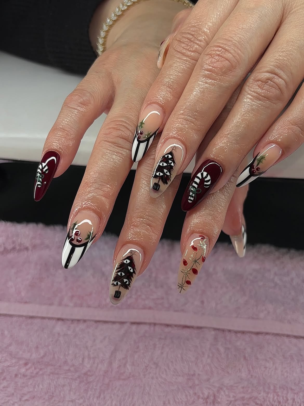 Dark Christmas Tree and Candy Cane Almond Nails
