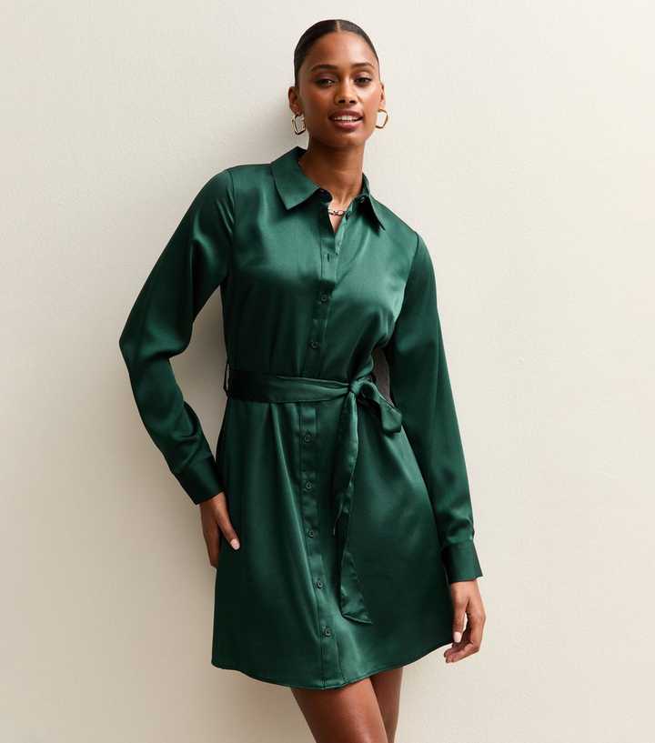 Dark Green Satin Shirt Dress Belted Waist Dark Green Satin Shirt Dress Belted Waist — Dark Green Dress