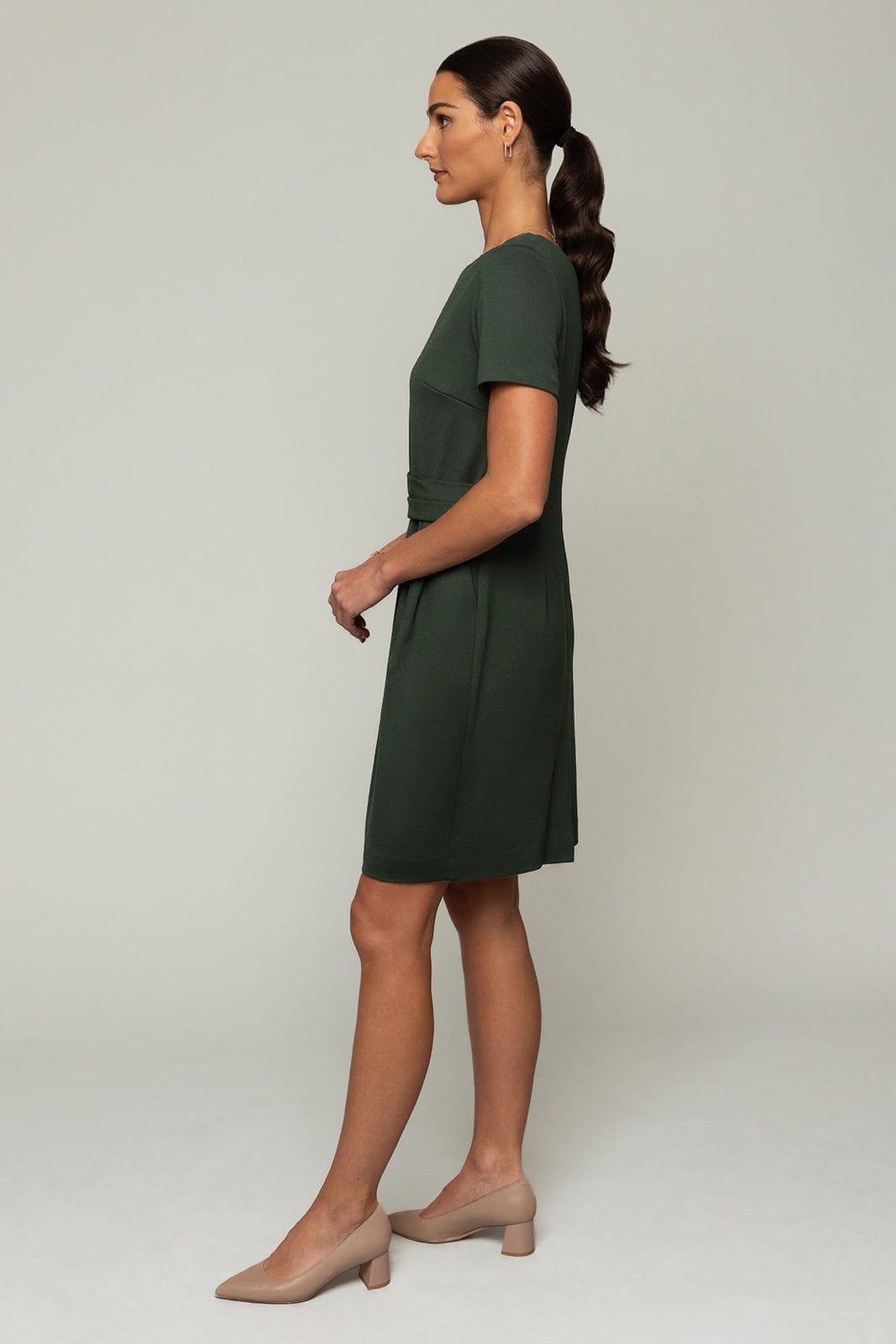 Dark Green Textured Knit Midi Dress Integrated Belt Dark Green Textured Knit Midi Dress Integrated Belt — Dark Green Dress