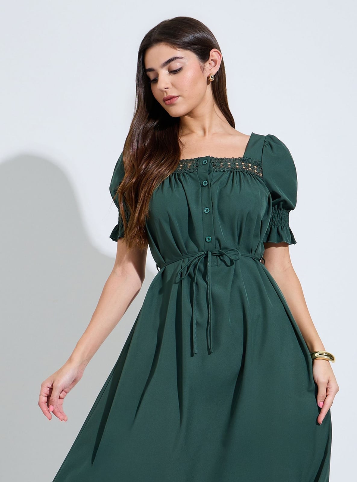 Dark Green Crepe Midi Dress Square Neck Lace Dark Green Crepe Midi Dress Square Neck Lace — Dark Green Dress