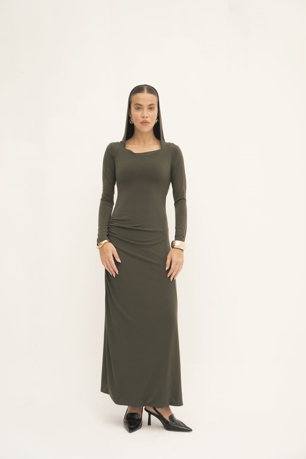 Olive Green Jersey Knit Maxi Dress Hooded Olive Green Jersey Knit Maxi Dress Hooded — Dark Green Dress