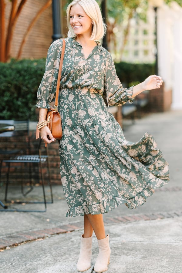 Olive Green Chiffon Midi Dress Floral Print Olive Green Chiffon Midi Dress Floral Print — Dark Green Dress