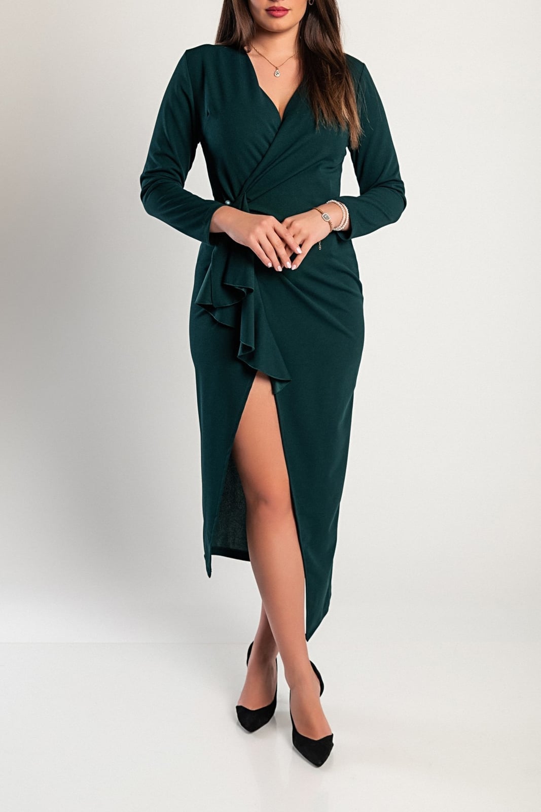 Dark Green Wrap Dress Ruffle Detail High Slit Dark Green Wrap Dress Ruffle Detail High Slit — Dark Green Dress