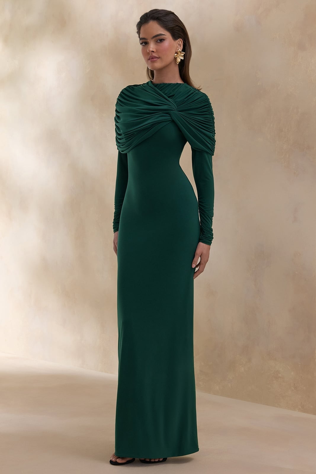 Dark Green High Neck Maxi Dress With Long Sleeves Dark Green High Neck Maxi Dress With Long Sleeves — Dark Green Dress