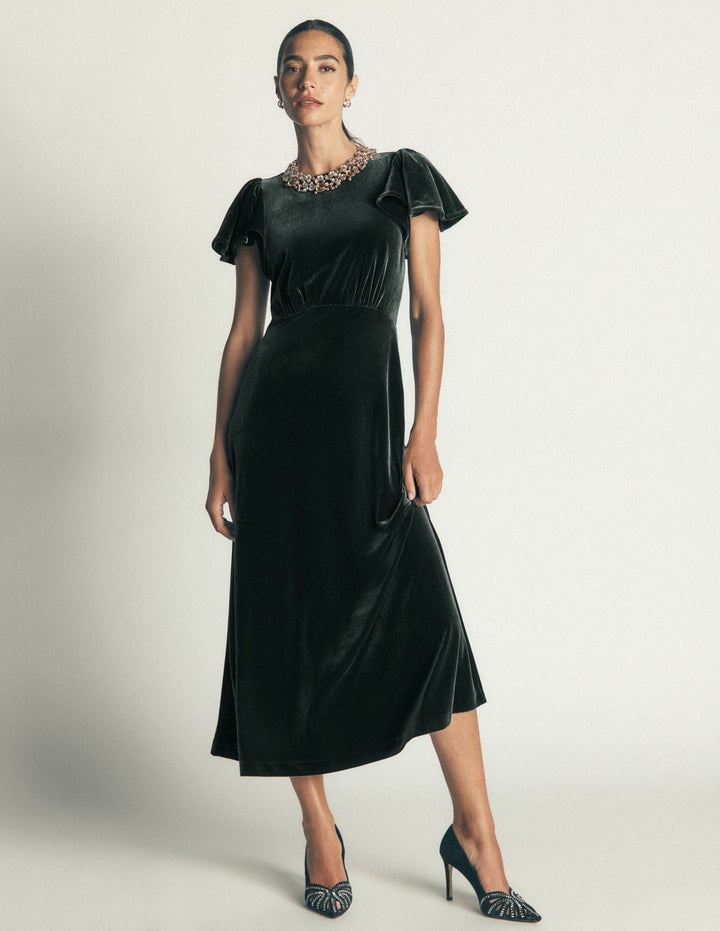 Dark Green Velvet Midi Dress Embellished Neckline Dark Green Velvet Midi Dress Embellished Neckline — Dark Green Dress