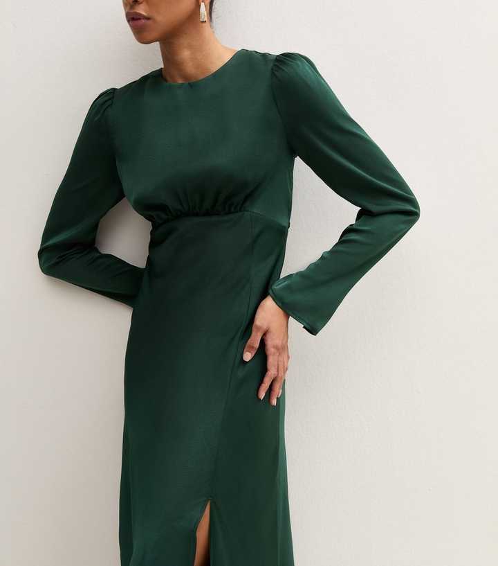 Dark Green Satin A-Line Midi Dress Puff Sleeves Dark Green Satin A-Line Midi Dress Puff Sleeves — Dark Green Dress