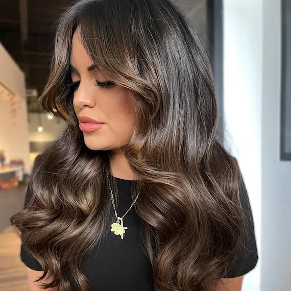 Mid-Back With Subtle Caramel Highlights, Curtain Bangs Mid-Back With Subtle Caramel Highlights, Curtain Bangs — Dark Highlights