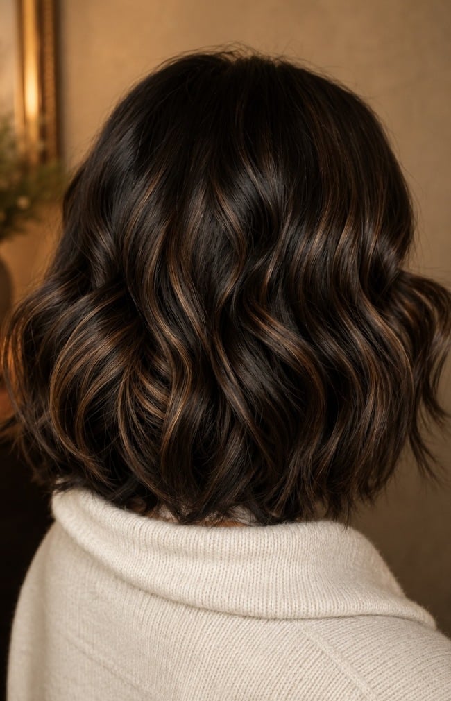 Chin Length Bob With Caramel Highlights Chin Length Bob With Caramel Highlights — Dark Highlights