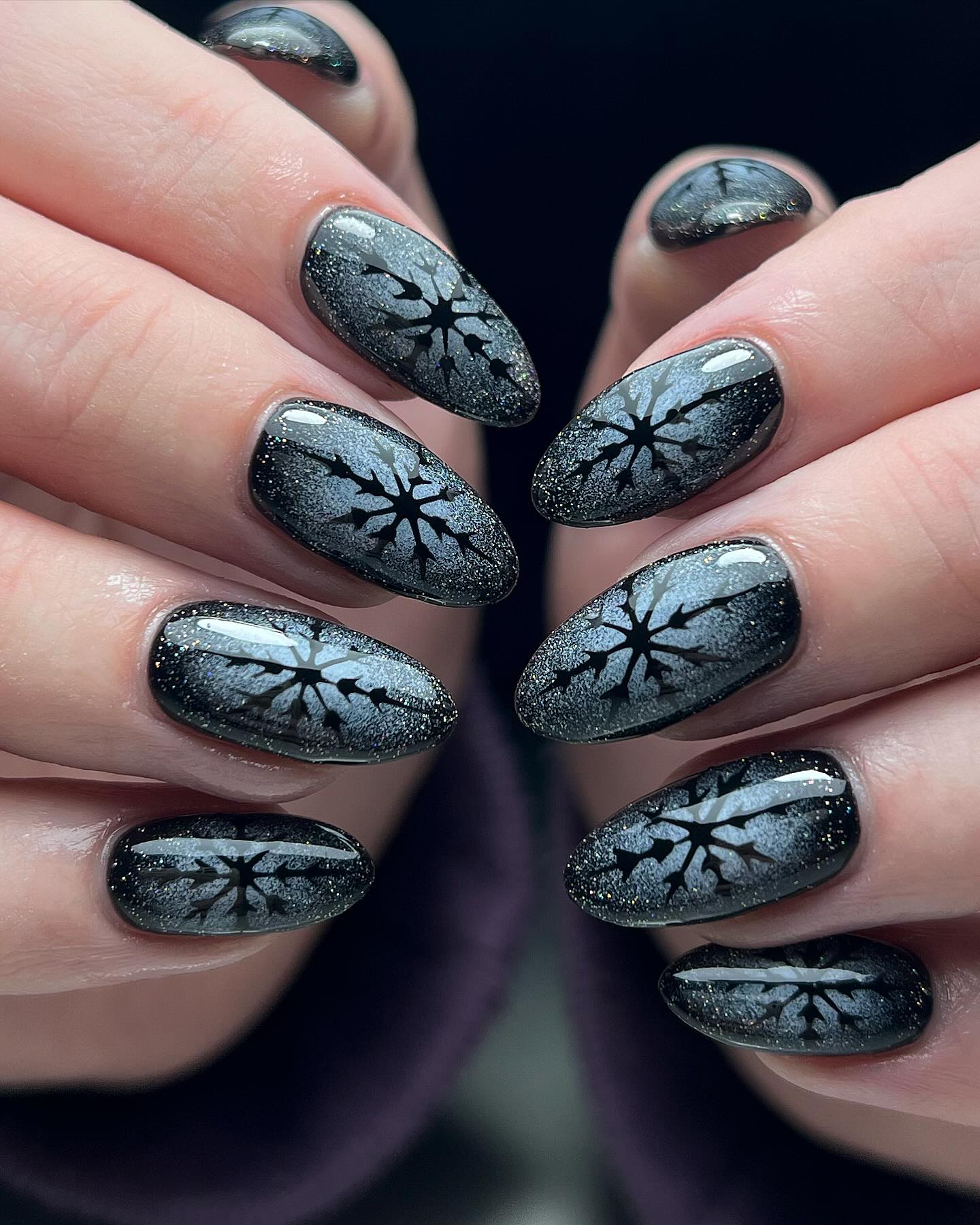 Dark Nebula Snowflake Almond Nails