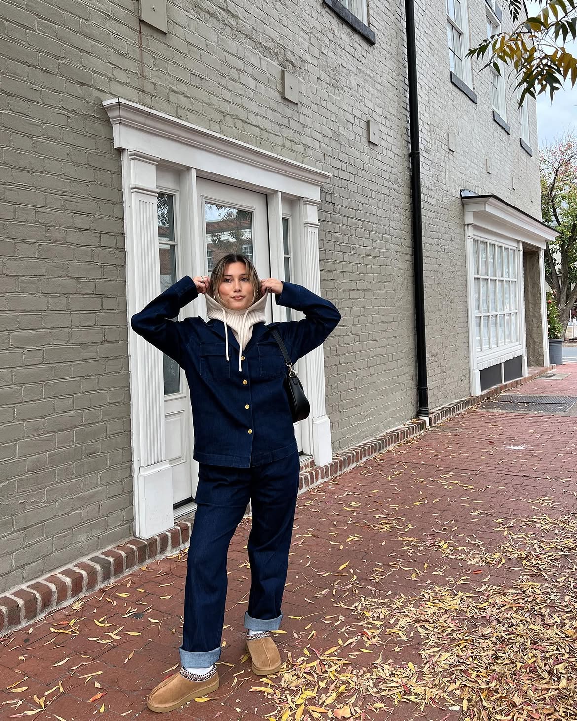 Dark Wash Denim Set With Cream Turtleneck Layer
