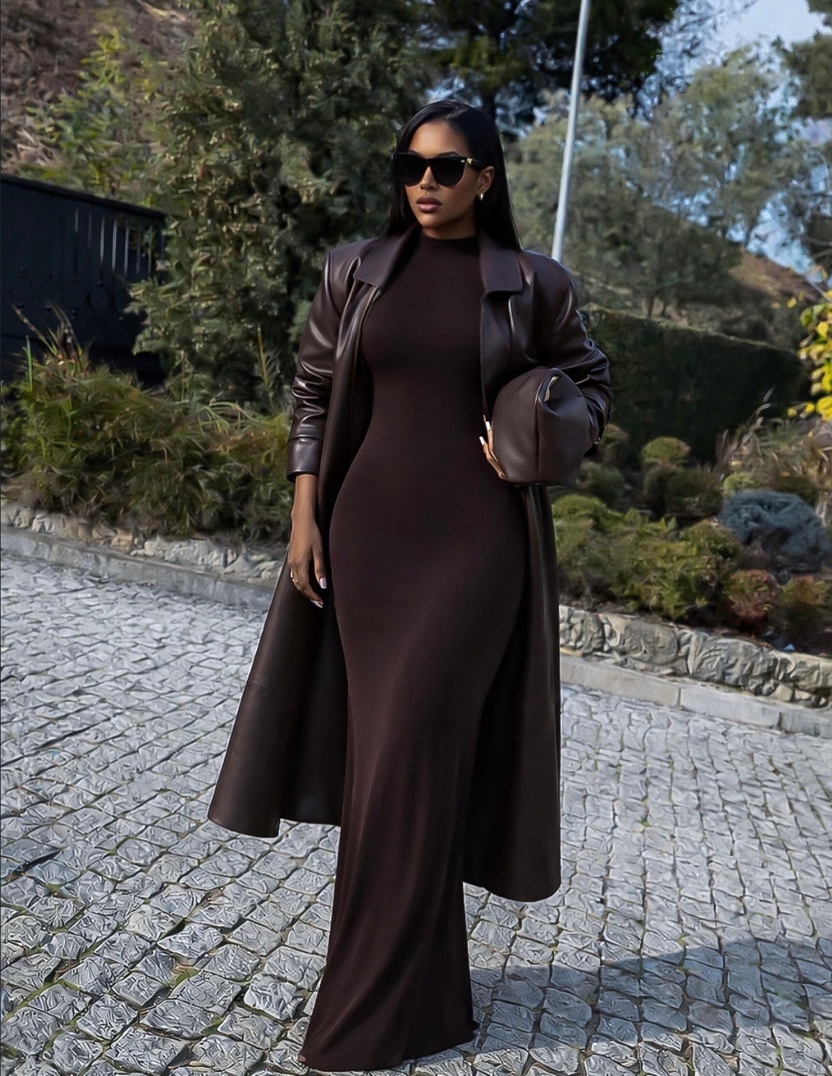 Fitted Dark Brown Maxi Dress with Leather Coat Fitted Dark Brown Maxi Dress with Leather Coat — Date Night Dresses