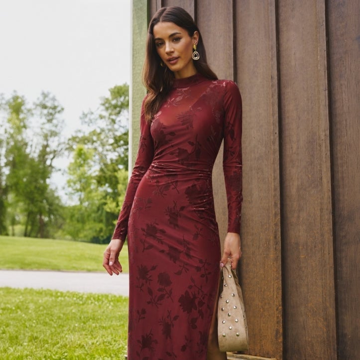 Deep Red Burnout Floral Maxi Dress Deep Red Burnout Floral Maxi Dress — Date Night Dresses