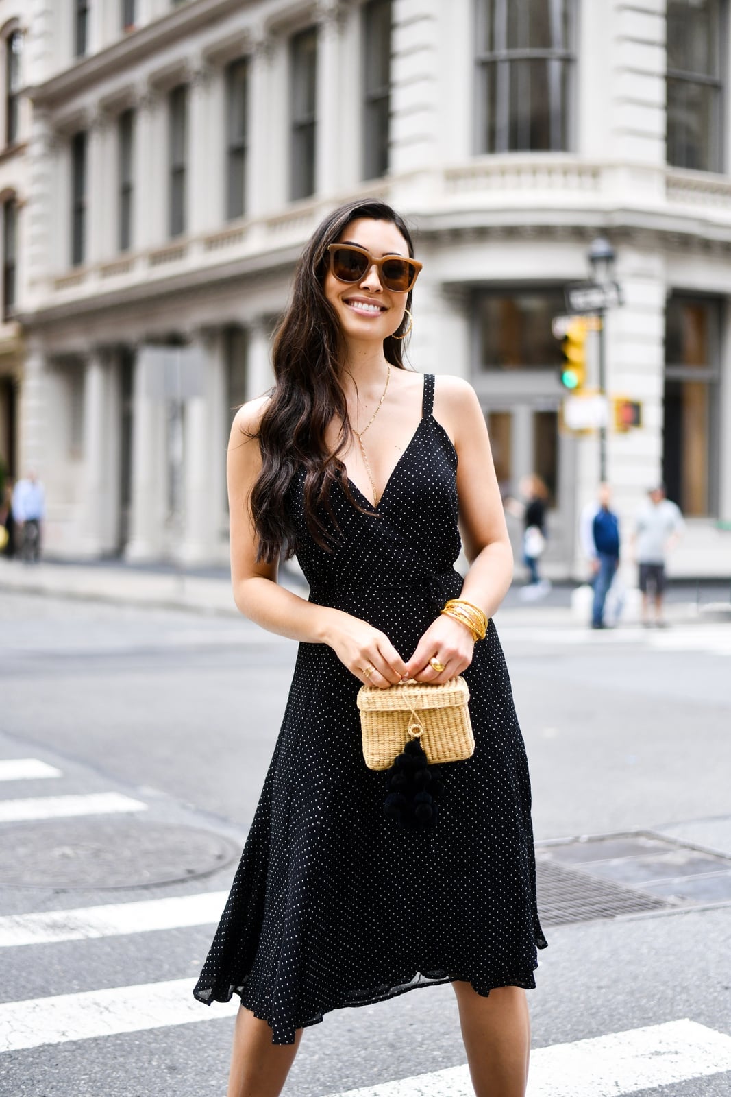 Black Polka Dot Midi Dress with Gold Bangle Black Polka Dot Midi Dress with Gold Bangle — Date Night Dresses