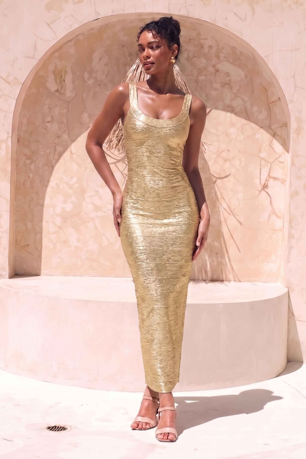Metallic Gold Maxi Dress with Scoop Neck Metallic Gold Maxi Dress with Scoop Neck — Date Night Dresses