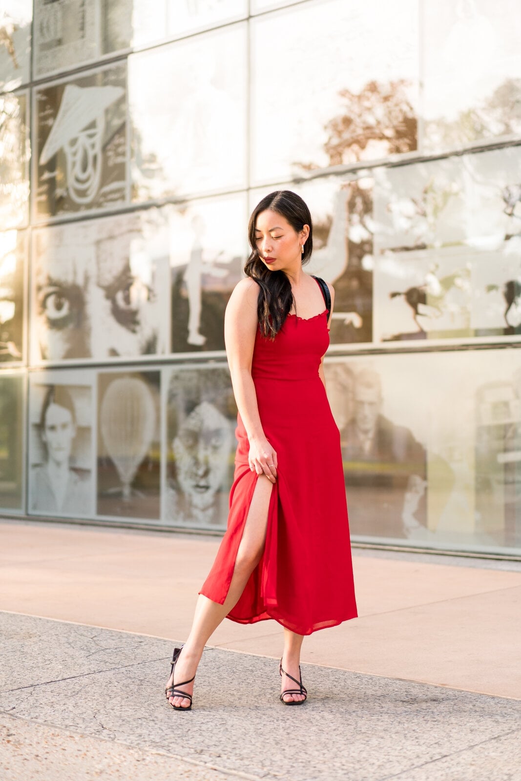 Vibrant Red Midi Dress with High Slit Vibrant Red Midi Dress with High Slit — Date Night Dresses