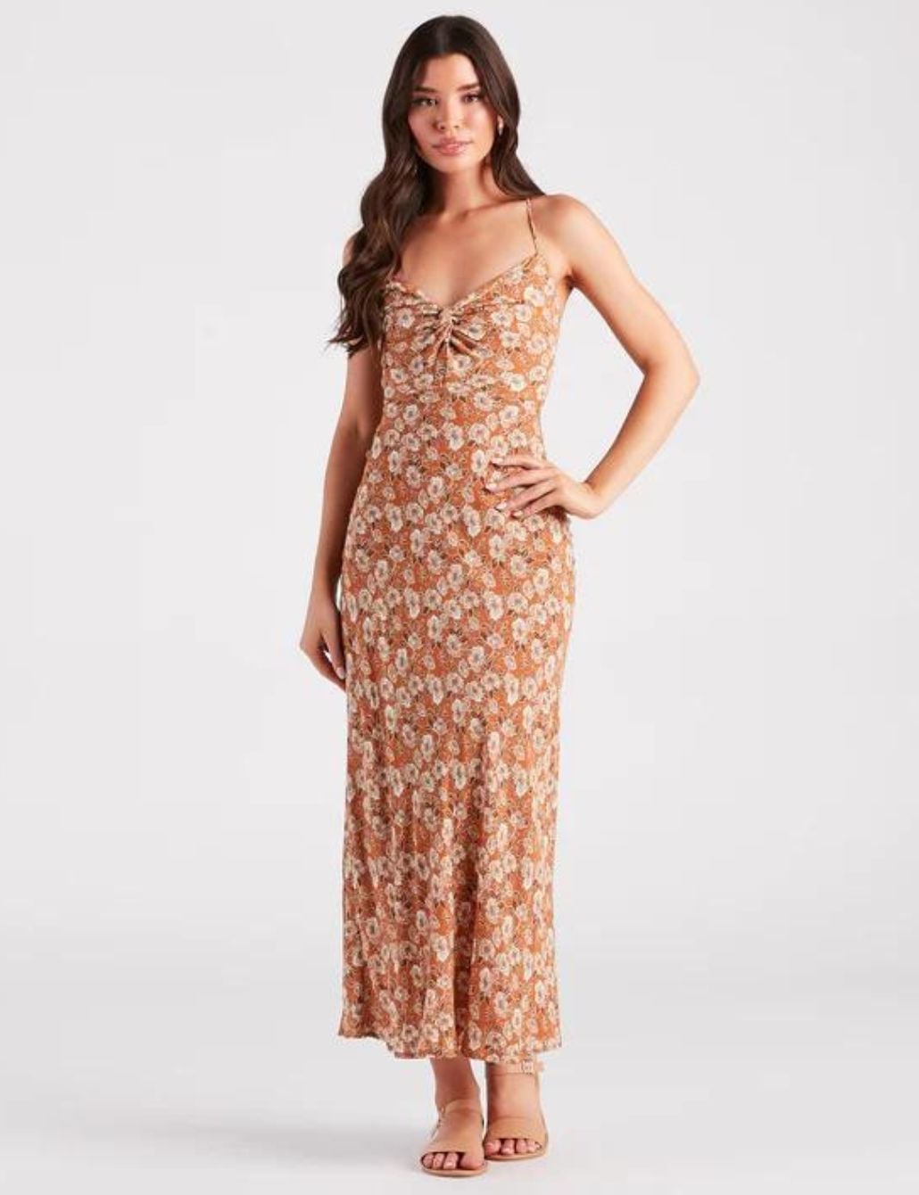 Orange and White Floral Print Maxi Dress, Fitted Bodice Orange and White Floral Print Maxi Dress, Fitted Bodice — Date Night Dresses