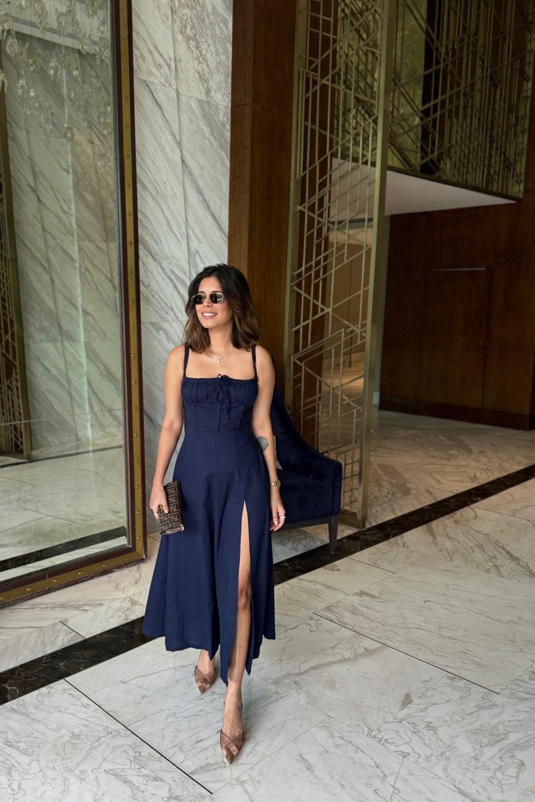 Navy Blue Midi Dress with Corset Detail and High Slit Navy Blue Midi Dress with Corset Detail and High Slit — Date Night Dresses