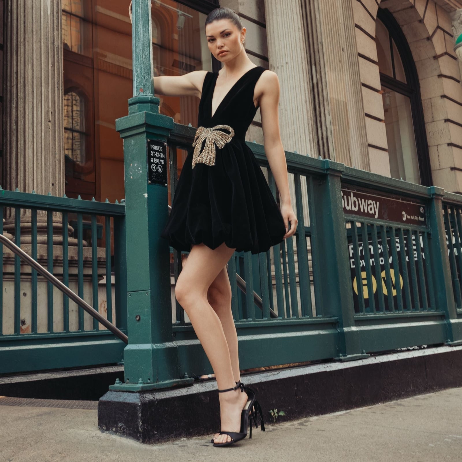Black Velvet Mini Dress with Bubble Hem and Bow Black Velvet Mini Dress with Bubble Hem and Bow — Date Night Dresses