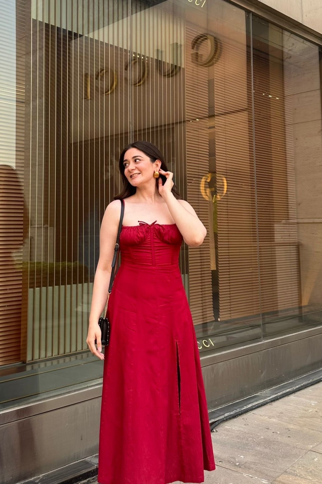 Red Midi Dress with Corset Detail and High Slit, Tan Pointed-Toe Heels Red Midi Dress with Corset Detail and High Slit, Tan Pointed-Toe Heels — Date Night Dresses