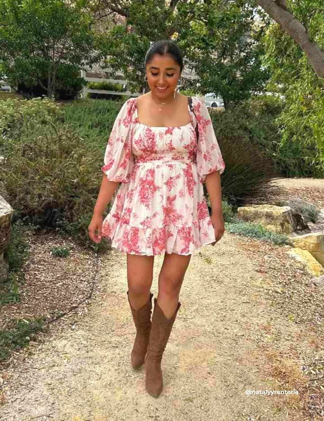 Pink Floral Print Mini Dress with Puff Sleeves Pink Floral Print Mini Dress with Puff Sleeves — Date Night Dresses