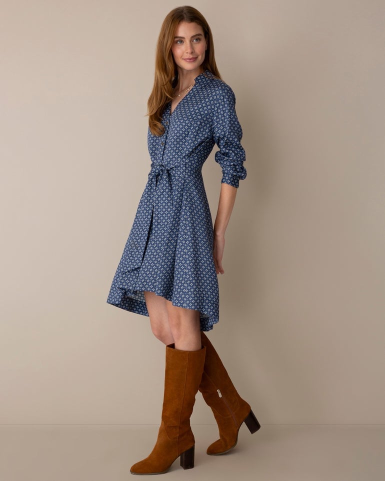 Blue Geometric Print Shirt Dress with Belt Blue Geometric Print Shirt Dress with Belt — Date Night Dresses