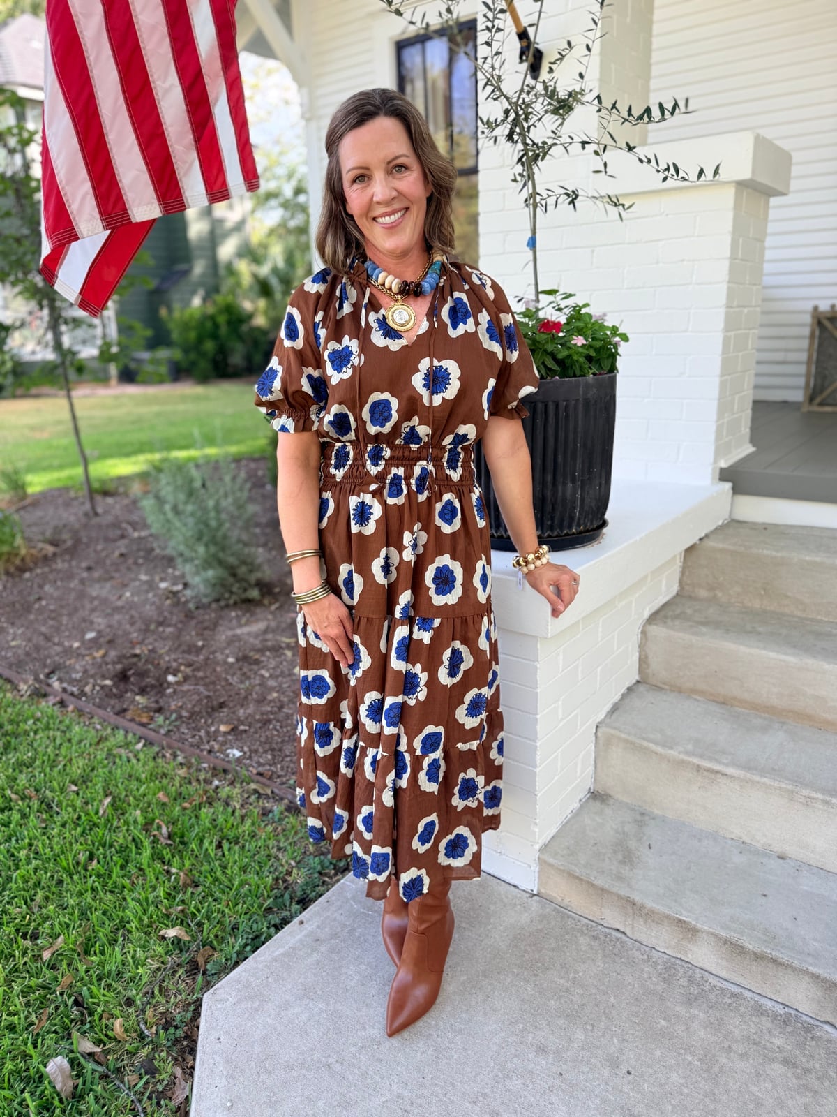 Brown Blue Floral Tiered Midi Dress Brown Blue Floral Tiered Midi Dress — Date Night Dresses