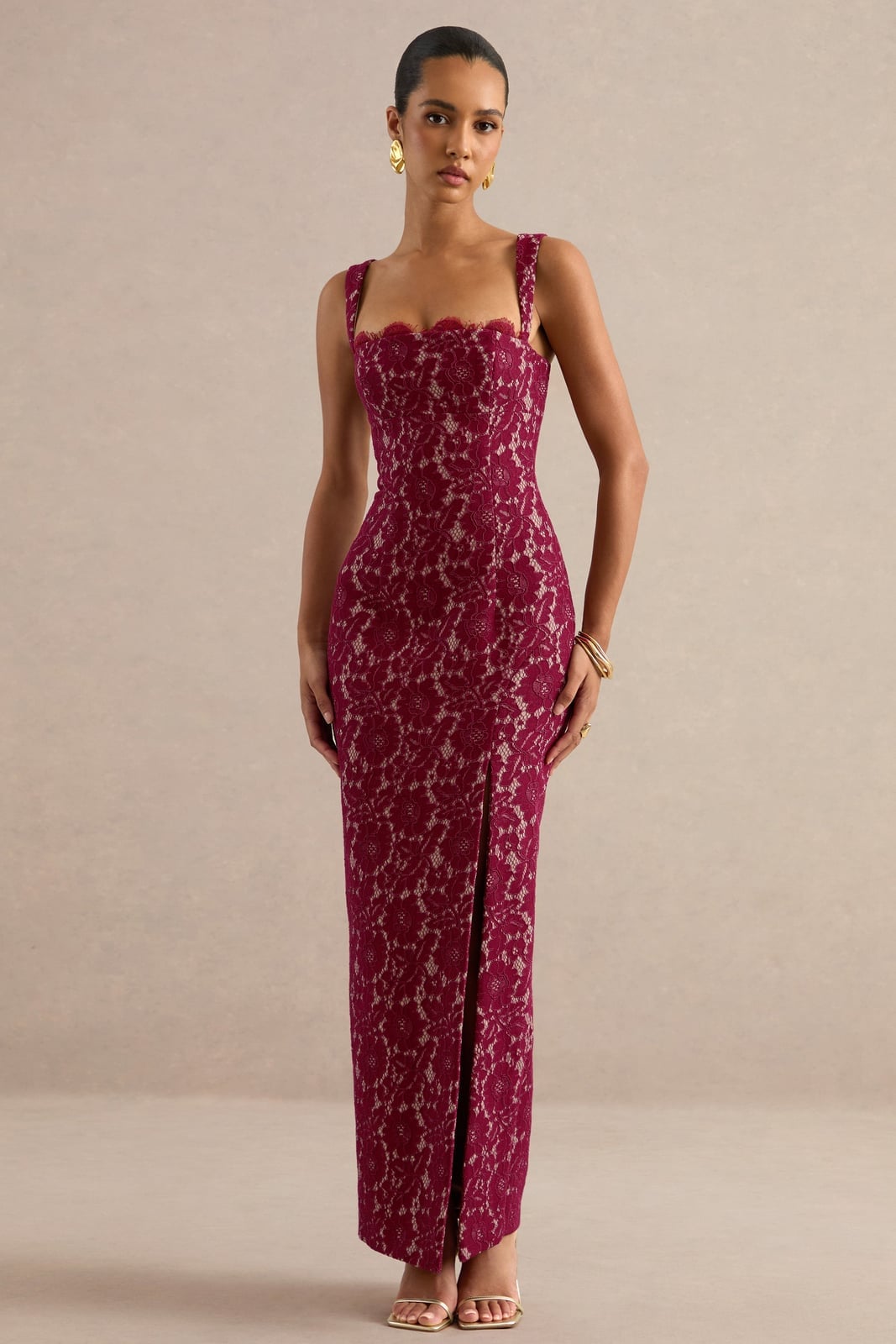Burgundy Lace Maxi Dress with Scalloped Neckline Burgundy Lace Maxi Dress with Scalloped Neckline — Date Night Dresses