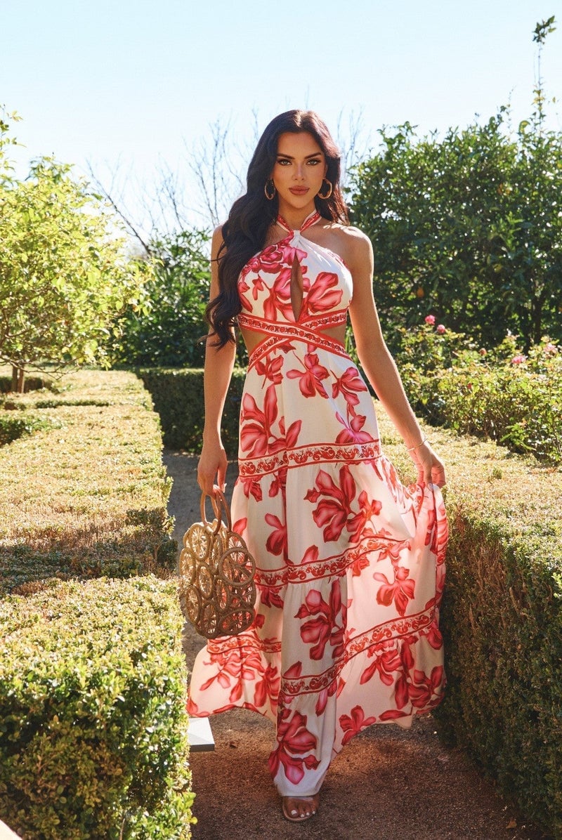 White Floral Print Maxi Dress with Halter Neck White Floral Print Maxi Dress with Halter Neck — Date Night Dresses