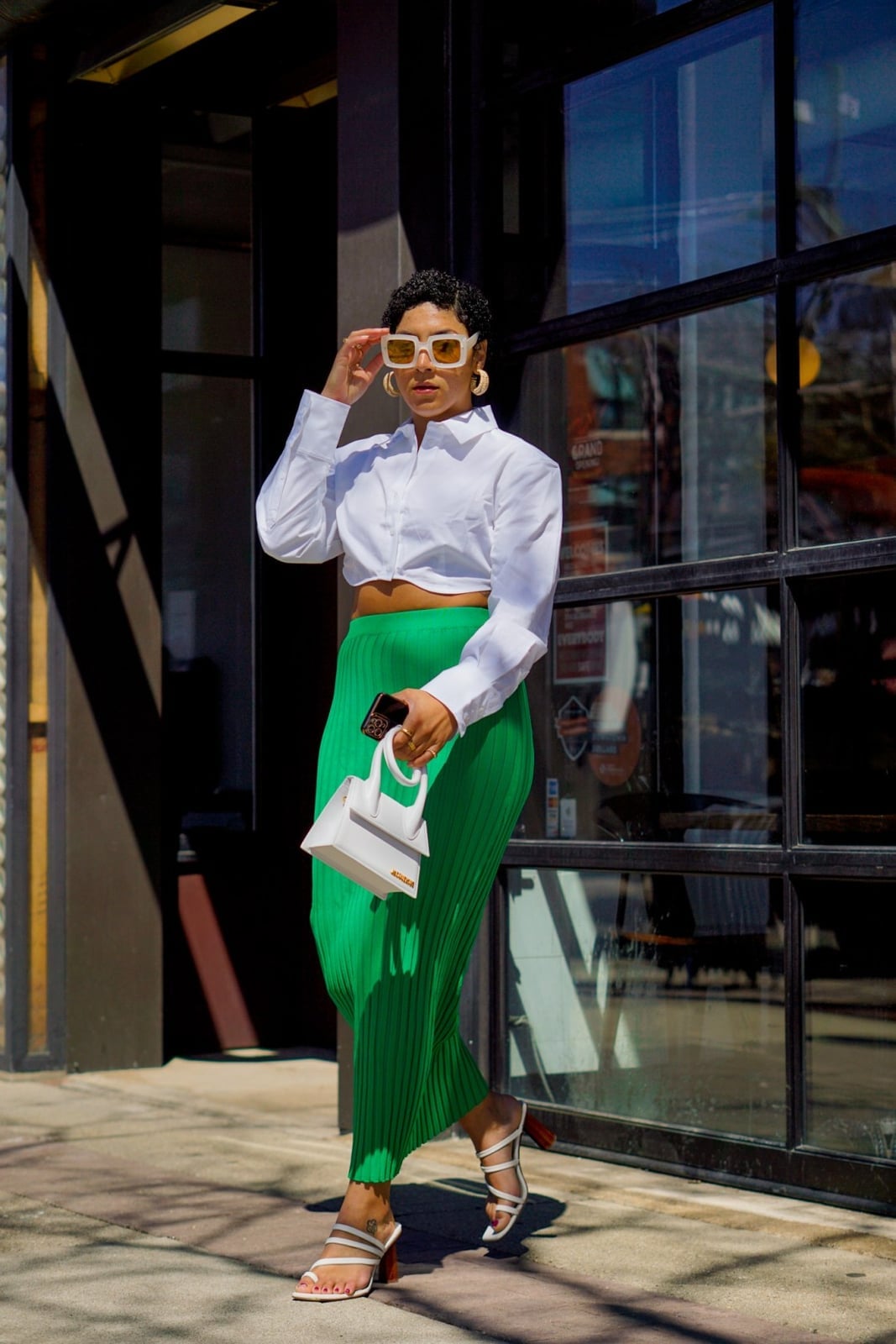 White Cropped Shirt and Bright Green Pleated, Office-Safe Version White Cropped Shirt and Bright Green Pleated, Office-Safe Version — Date Night Outfits
