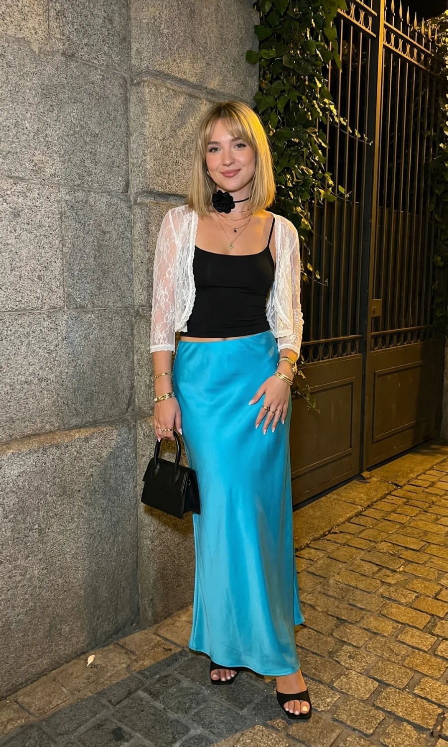 White Lace Shrug Over Camisole with Blue Satin Skirt White Lace Shrug Over Camisole with Blue Satin Skirt — Date Night Outfits