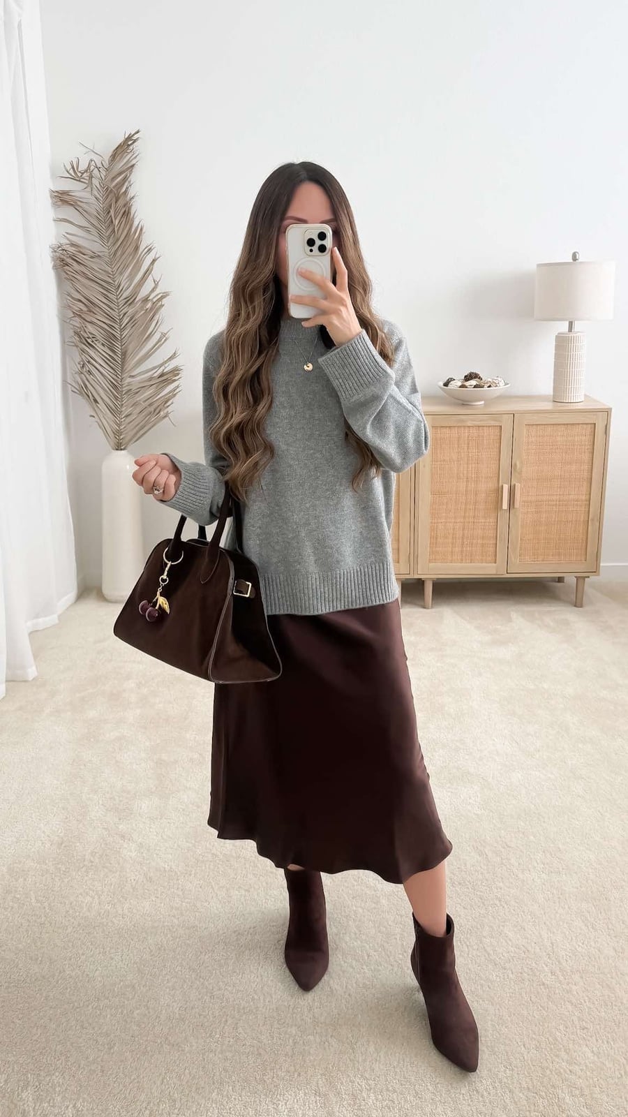 Gray Sweater Over Dark Brown Satin Slip Skirt Gray Sweater Over Dark Brown Satin Slip Skirt — Date Night Outfits