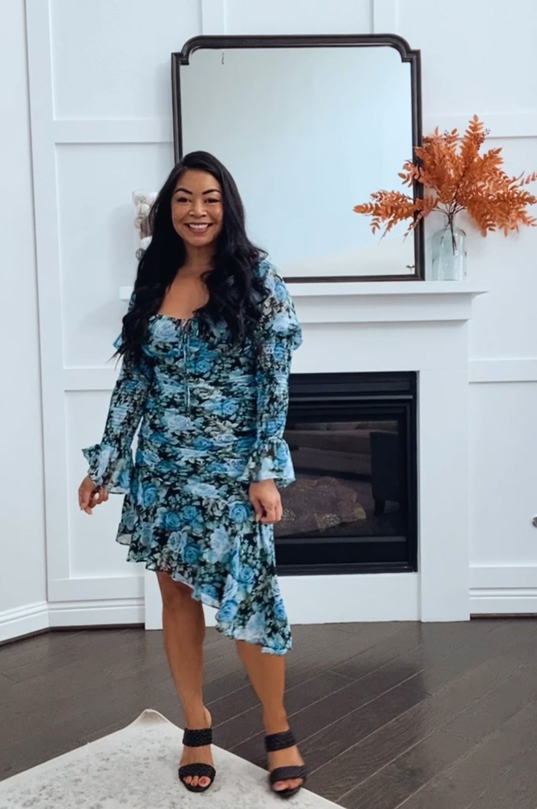 Blue Floral Print Dress with Asymmetric Hem Blue Floral Print Dress with Asymmetric Hem — Date Night Outfits