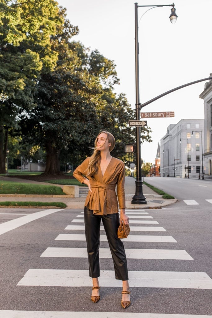 Brown Satin Wrap Top and Black Faux Leather Pants Brown Satin Wrap Top and Black Faux Leather Pants — Date Night Outfits
