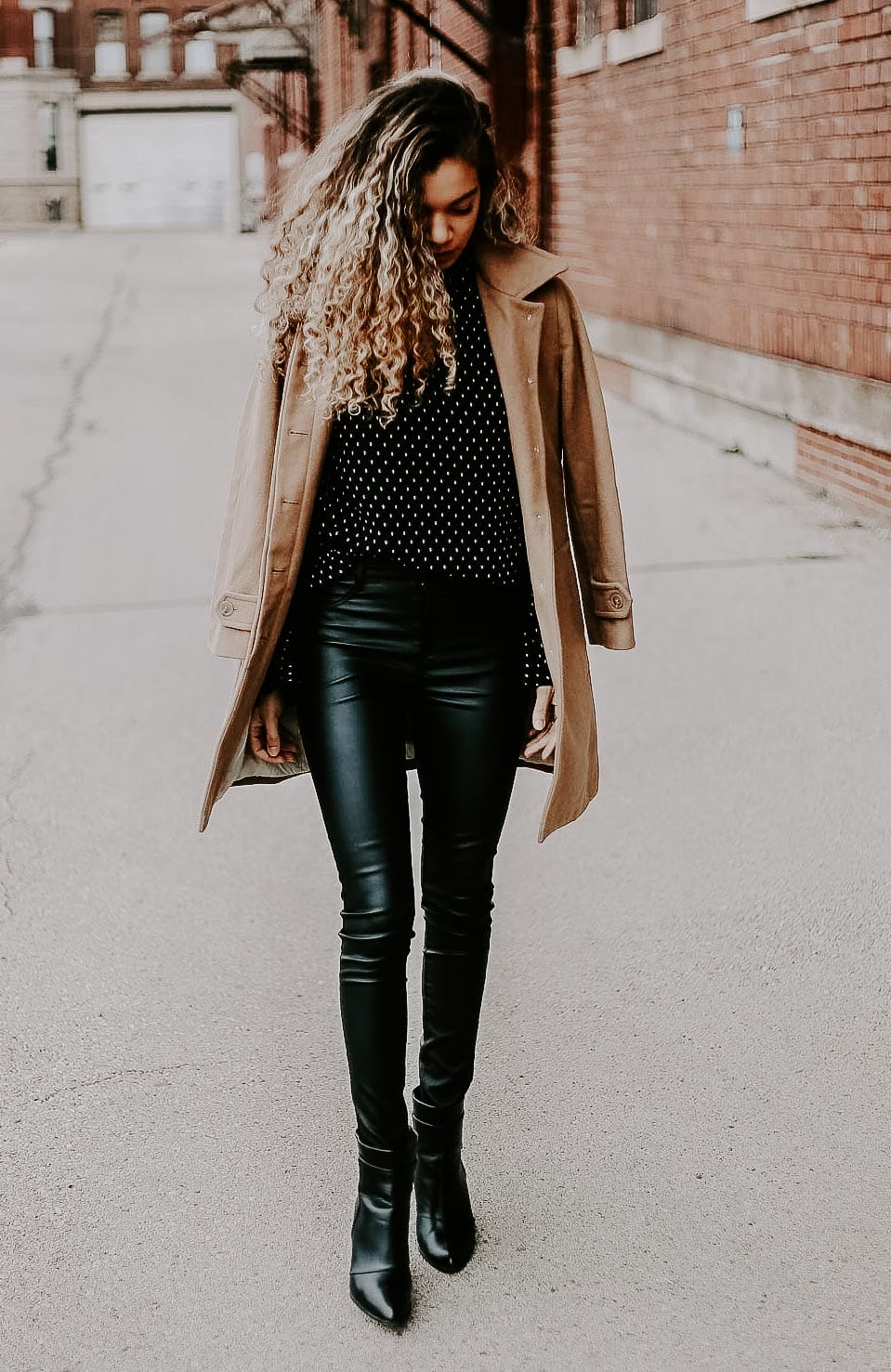 Polka Dot Blouse and Camel Coat Over Leather Pants Polka Dot Blouse and Camel Coat Over Leather Pants — Date Night Outfits