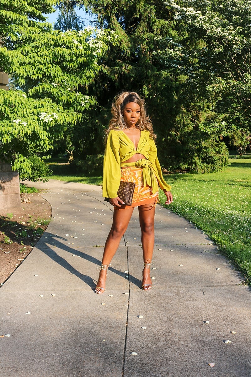 Lime Green Tie-Front Top and Printed Mini Skirt Lime Green Tie-Front Top and Printed Mini Skirt — Date Night Outfits