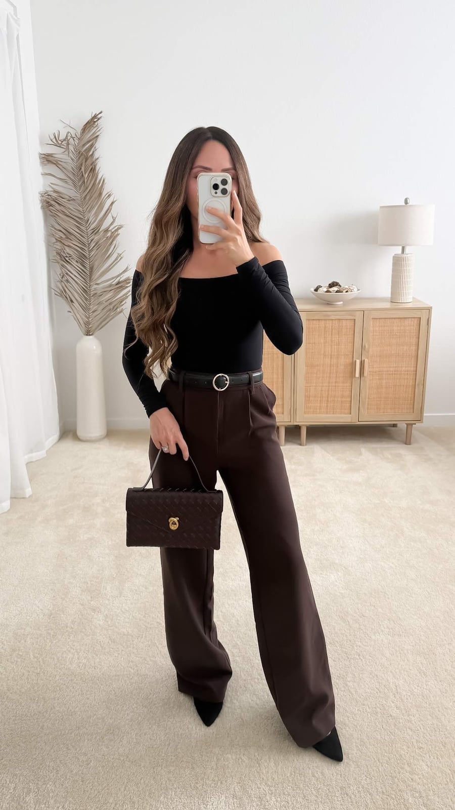 Off-the-Shoulder Top and Wide-Leg Brown Trousers Off-the-Shoulder Top and Wide-Leg Brown Trousers — Date Night Outfits