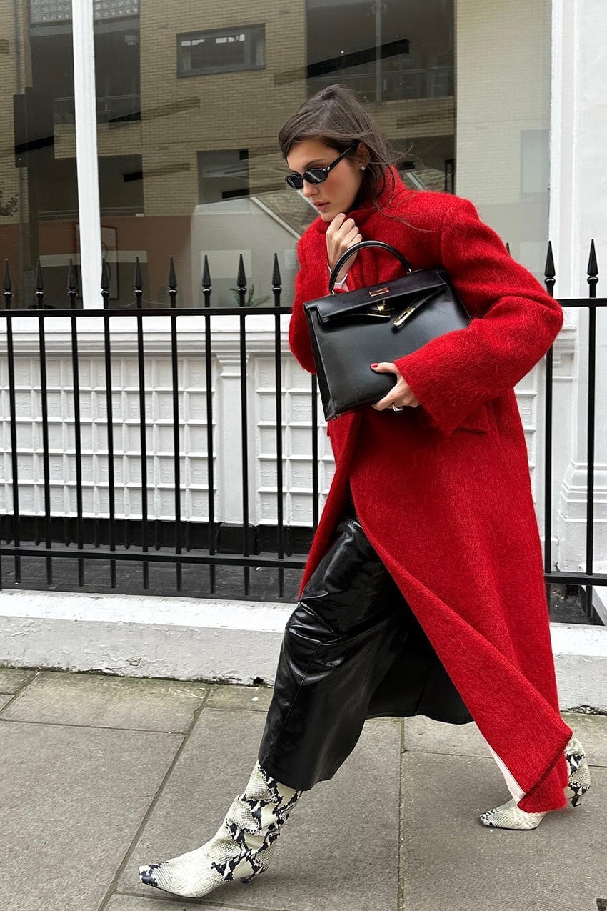 Striking Red Textured Coat Over Leather Trousers Striking Red Textured Coat Over Leather Trousers — Date Night Outfits