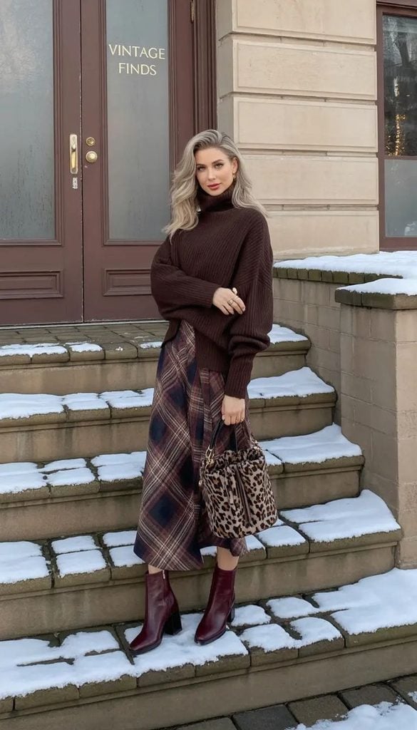 Cozy Brown Turtleneck and Plaid Midi Skirt, Burgundy Ankle Boots Cozy Brown Turtleneck and Plaid Midi Skirt, Burgundy Ankle Boots — Date Night Outfits