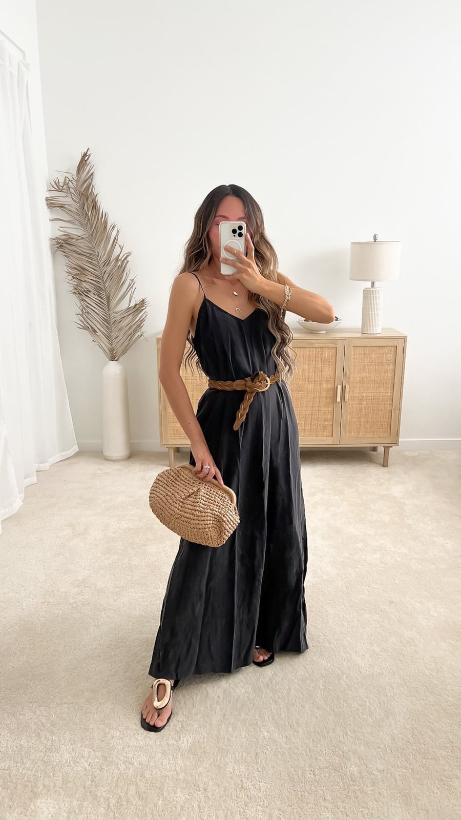 Black Maxi Dress with Woven Handbag for Summer Black Maxi Dress with Woven Handbag for Summer — Date Outfit