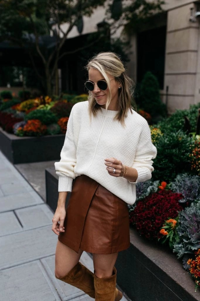 Textured Knit Sweater and Leather Mini Skirt Ensemble Textured Knit Sweater and Leather Mini Skirt Ensemble — Date Outfit