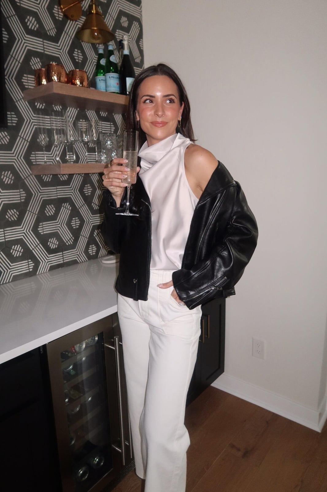 Leather Jacket and Satin Camisole for an Evening Look Leather Jacket and Satin Camisole for an Evening Look — Date Outfit