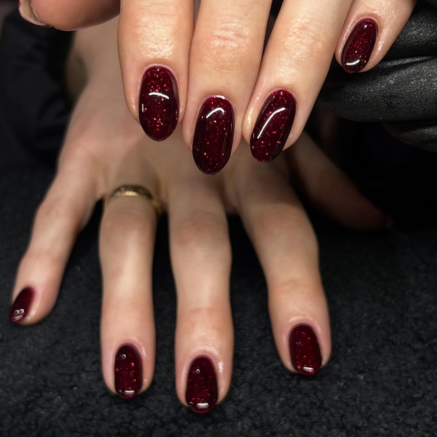 Deep Burgundy Glitter Oval Nails