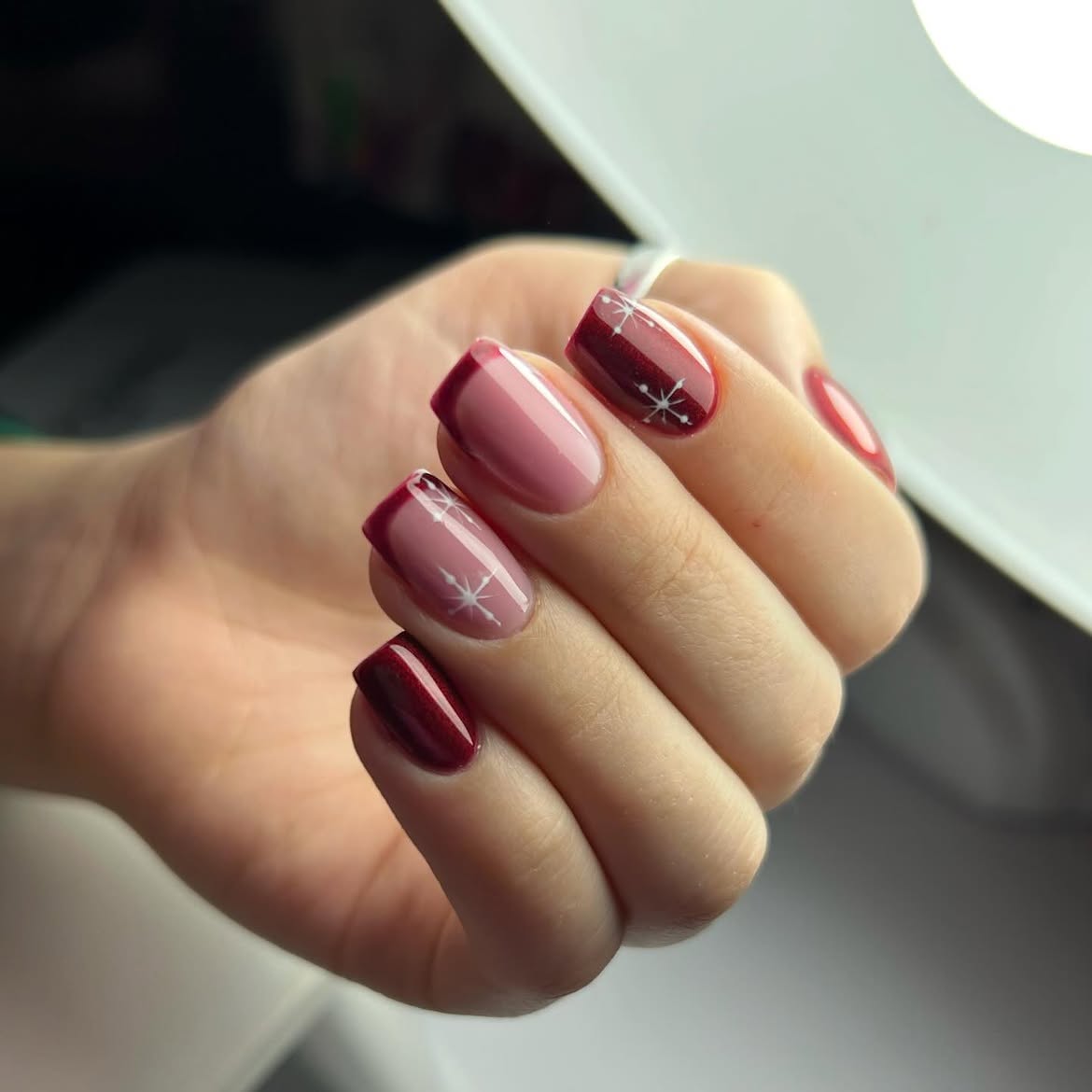 Deep Burgundy & Pink French Snowflakes Nails