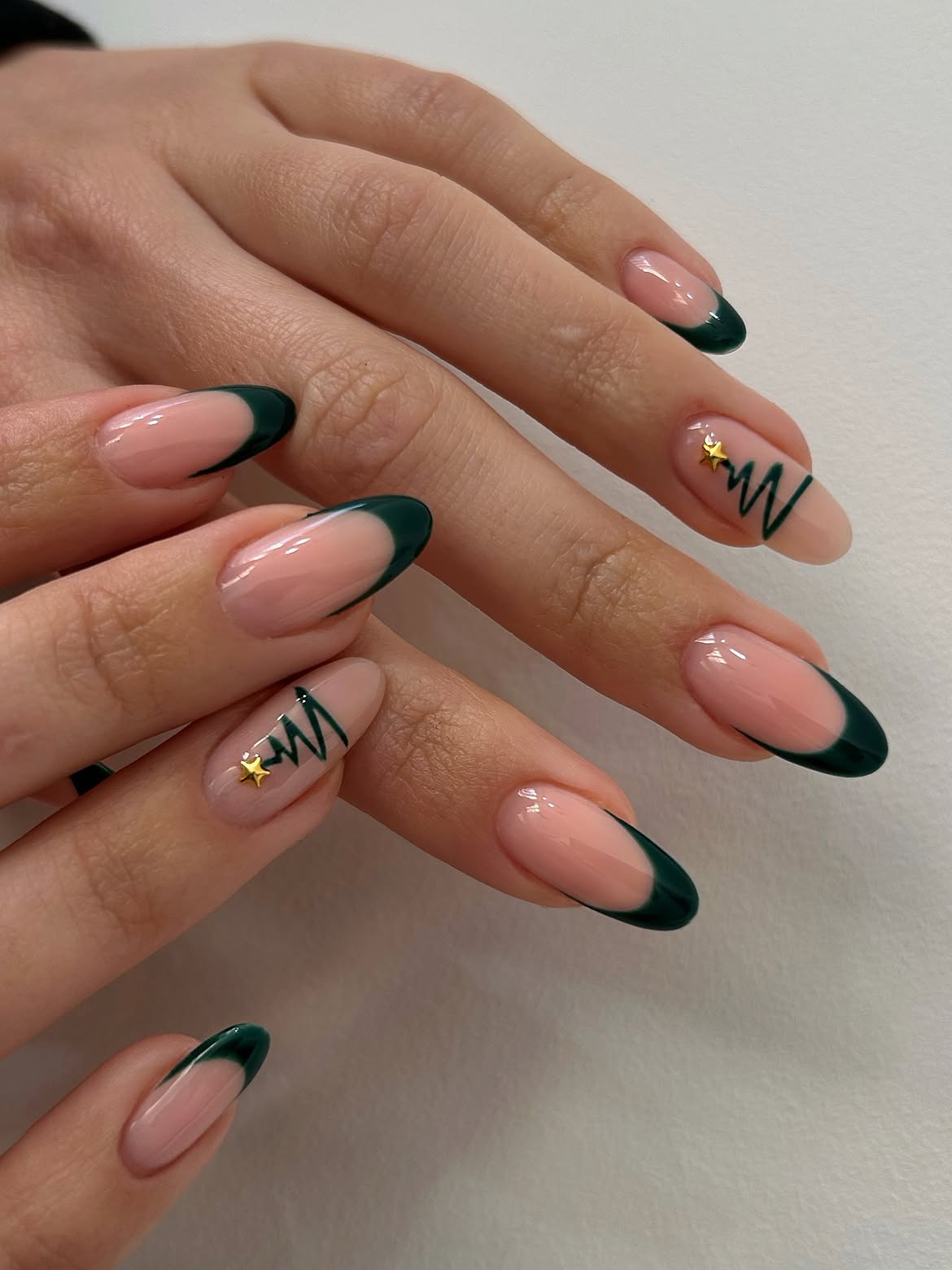 Deep Forest Green Winter French Tips with Christmas Tree Art